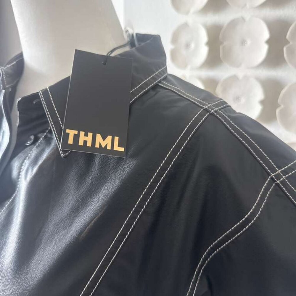THML Black Faux Leather Mini Dress with Contrast Stitching – Size M - Picture 6 of 9
